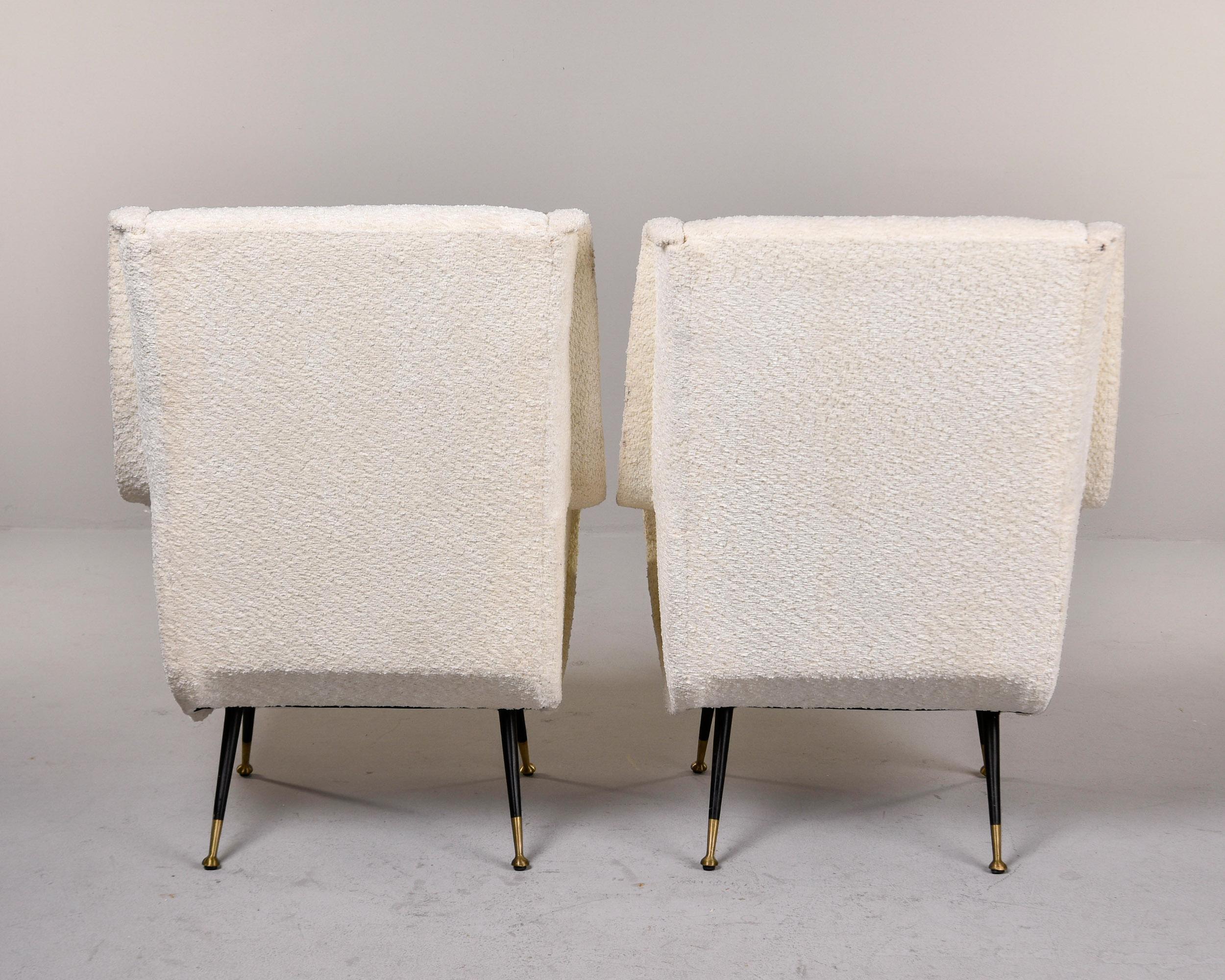 20th Century Pair Italian Mid Century Chairs with Nubby White Fabric and Brass Tipped Legs For Sale