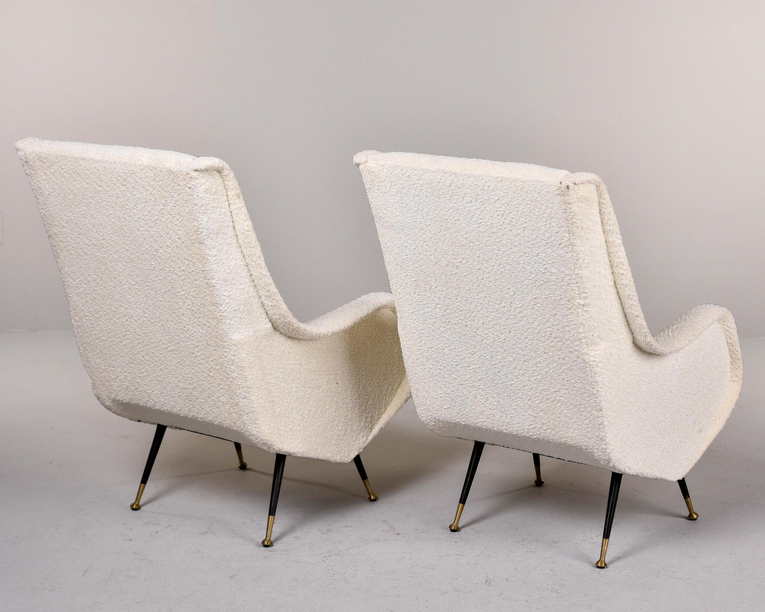 Pair Italian Mid Century Chairs with Nubby White Fabric and Brass Tipped Legs For Sale 2
