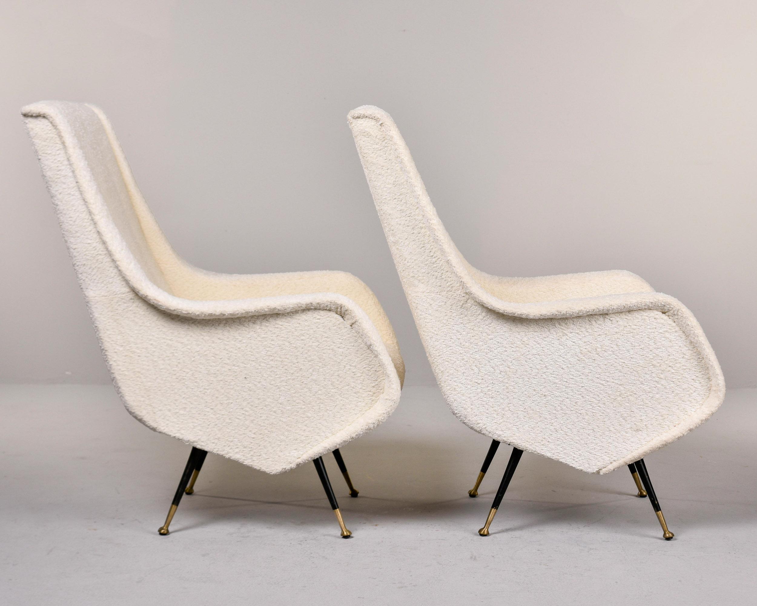 Pair Italian Mid Century Chairs with Nubby White Fabric and Brass Tipped Legs For Sale 3