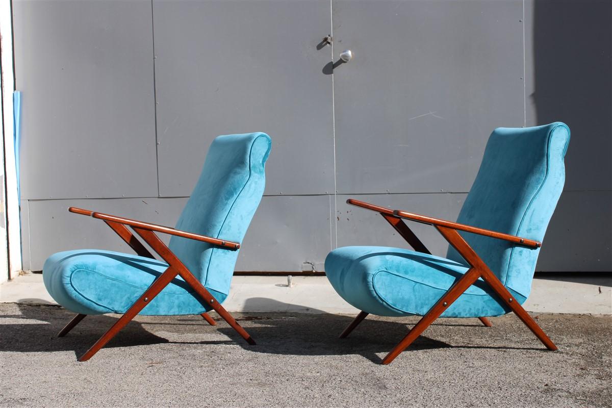 Pair of Italian Midcentury Design Mahogany Turquoise Minimal Geometric Design For Sale 7