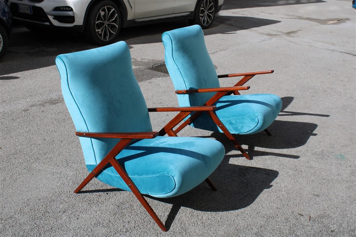 Pair of Italian Midcentury Design Mahogany Turquoise Minimal Geometric Design For Sale 9