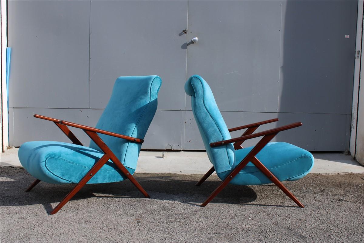 Pair of Italian midcentury design mahogany turquoise minimal geometric design.
