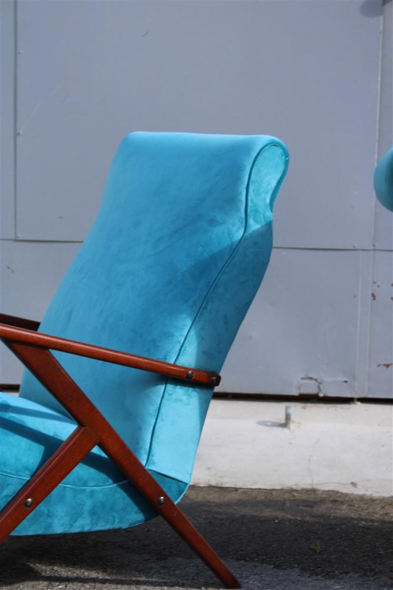 Velvet Pair of Italian Midcentury Design Mahogany Turquoise Minimal Geometric Design For Sale