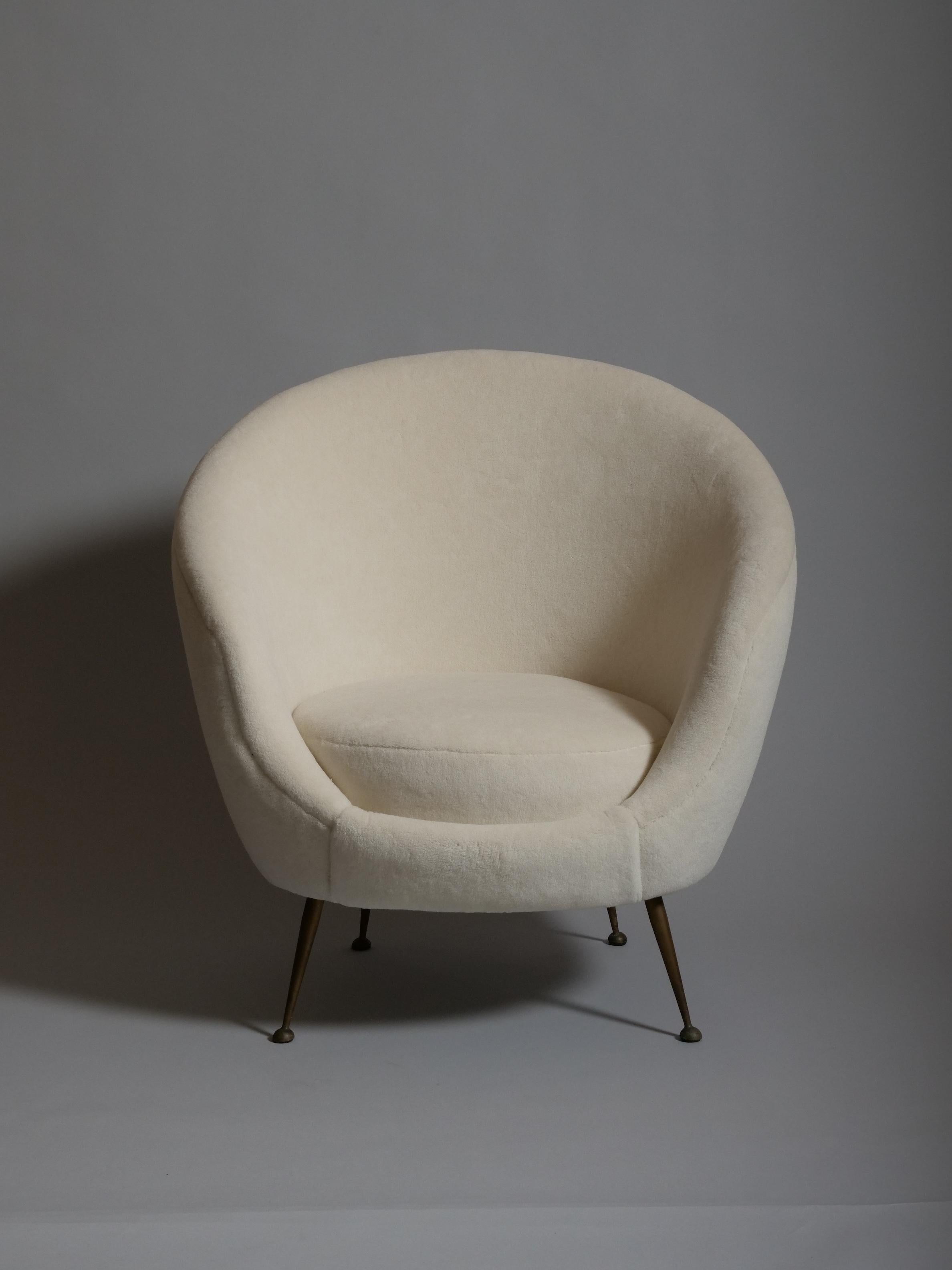 Brass Pair Italian mid century egg shape chairs. Re upholstered in Alpaca wool velvet For Sale
