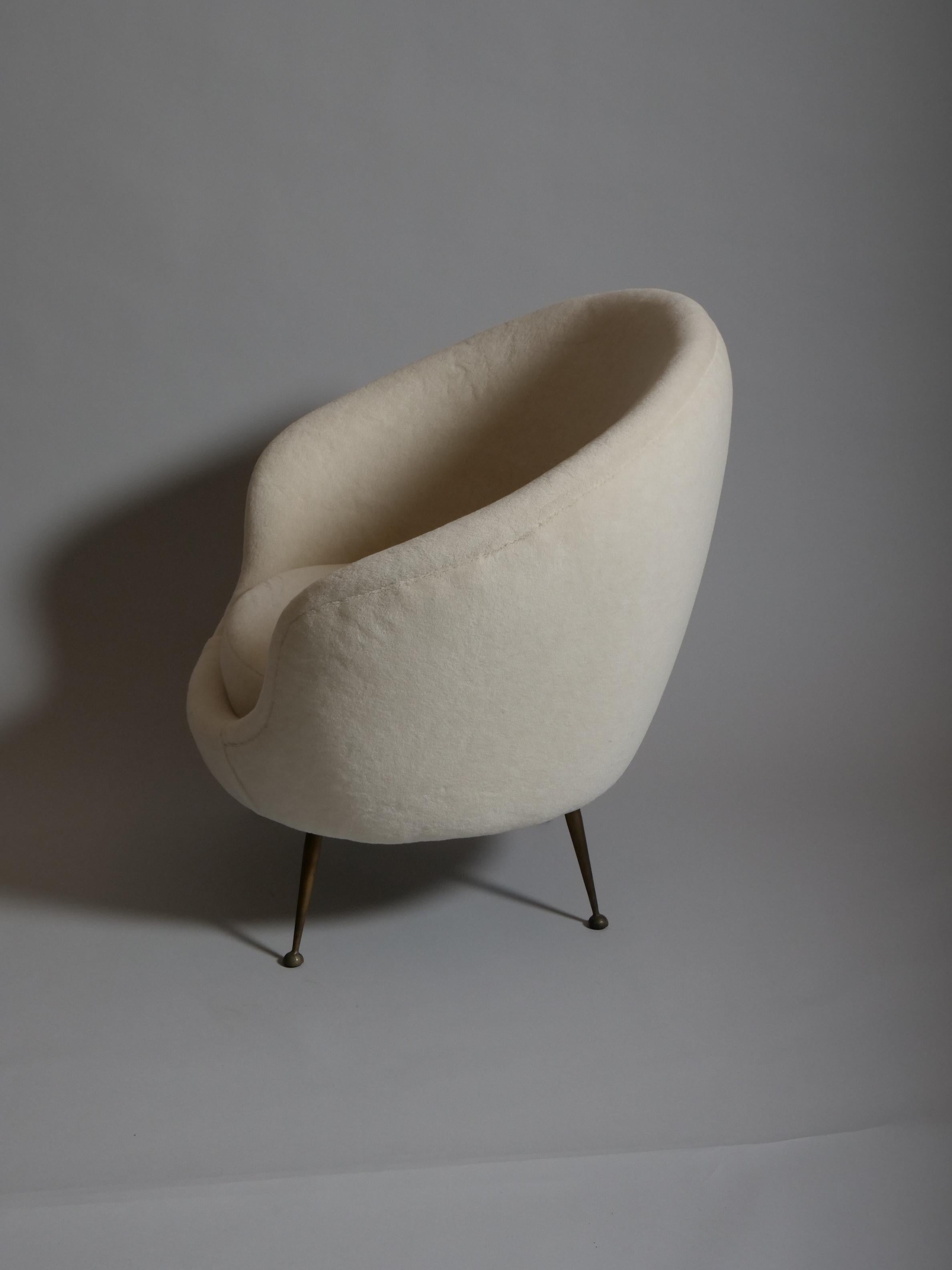 Pair Italian mid century egg shape chairs. Re upholstered in Alpaca wool velvet For Sale 1