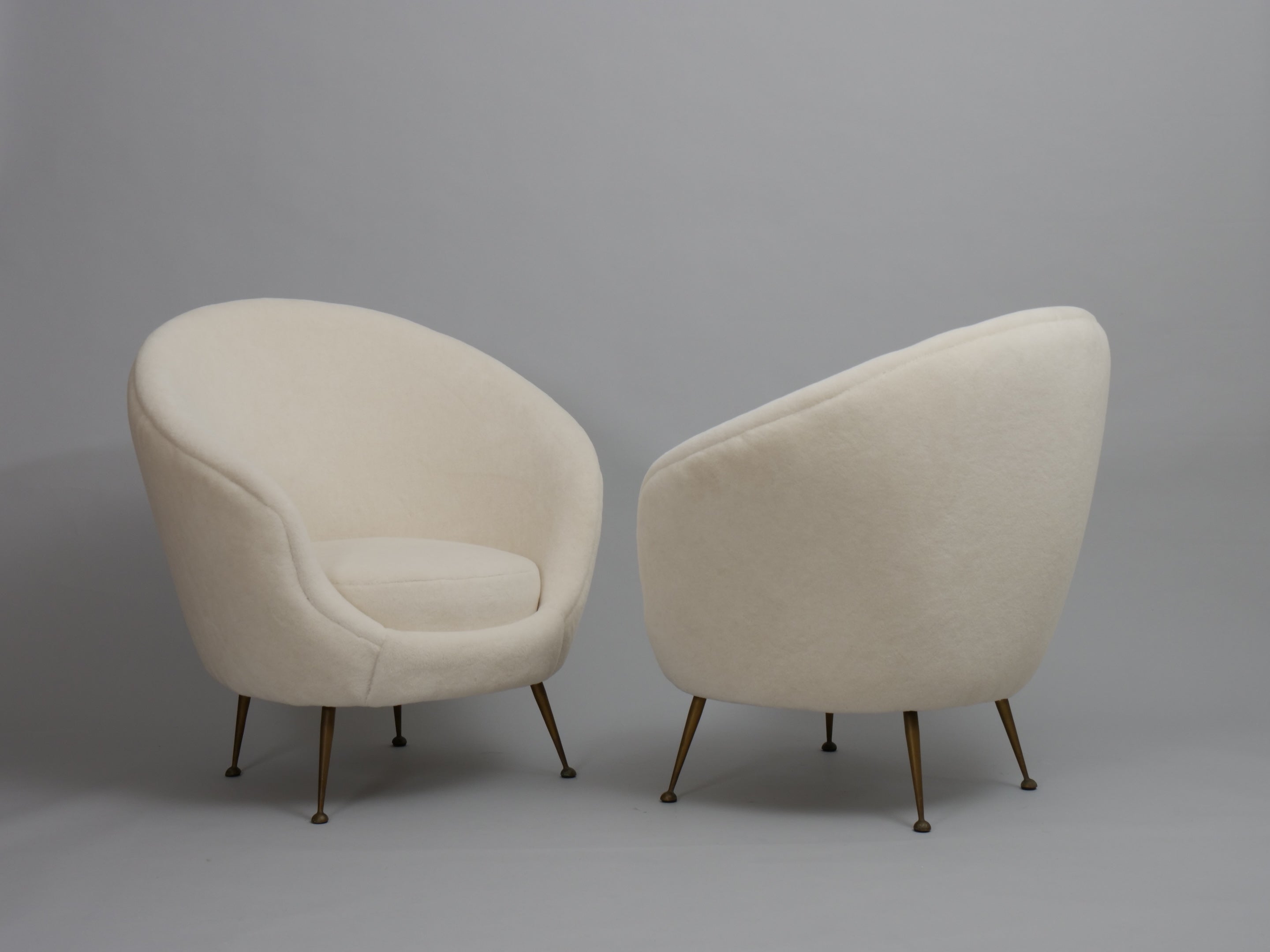 Pair Italian mid century egg shape chairs. Re upholstered in Alpaca wool velvet For Sale