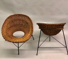 Italian Mid-century Iron and Rattan Lounge Chairs Augusto Bozzi Attributed, Pair