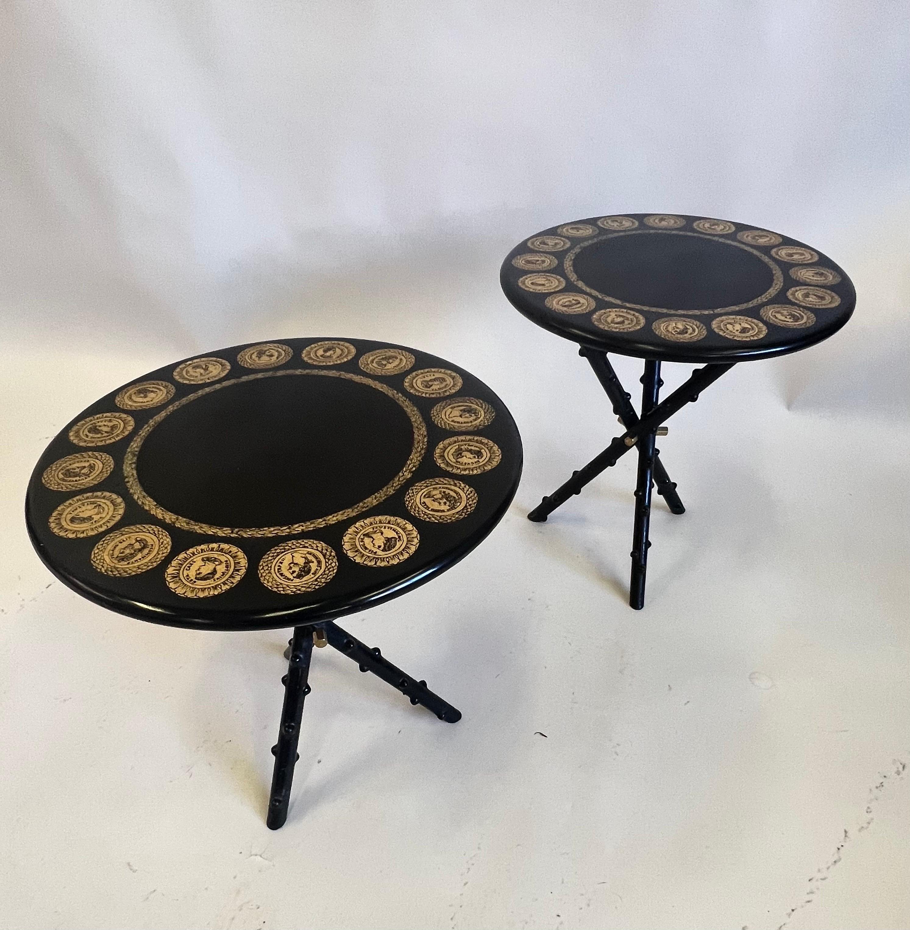 Lacquered Pair Italian Midcentury Lacquer & Screenprint Side Tables by Piero Fornasetti For Sale