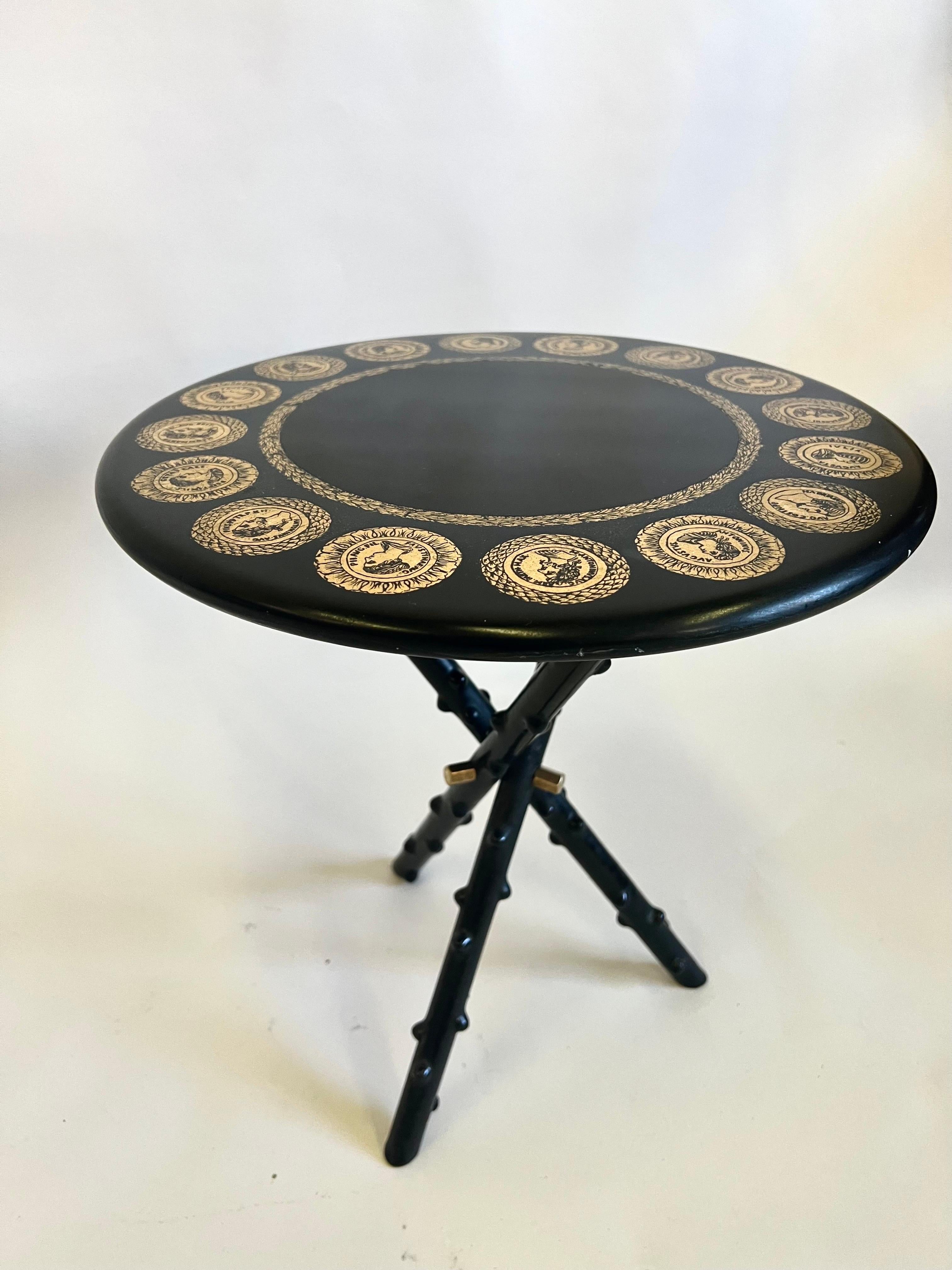 Brass Pair Italian Midcentury Lacquer & Screenprint Side Tables by Piero Fornasetti For Sale
