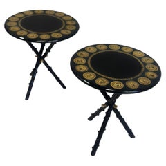Vintage Pair Italian Midcentury Lacquer & Screenprint Side Tables by Piero Fornasetti