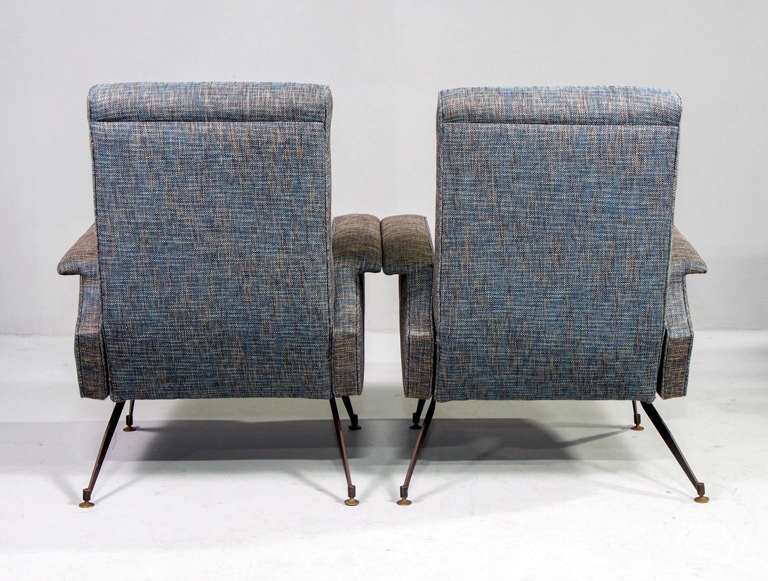 Mid-Century Modern Pair of Italian Midcentury Lounge Chairs with New Tweed Upholstery