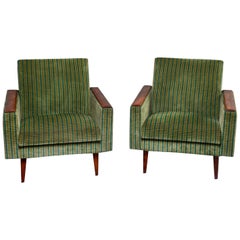 Pair of Italian Midcentury Lounge Chairs with Wood Legs and Armrests