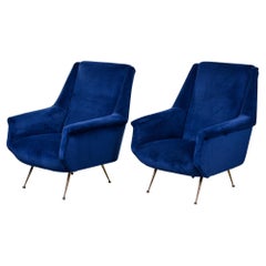 Pair Italian Mid-Century Modern Arm Chairs with New Velvet Upholstery