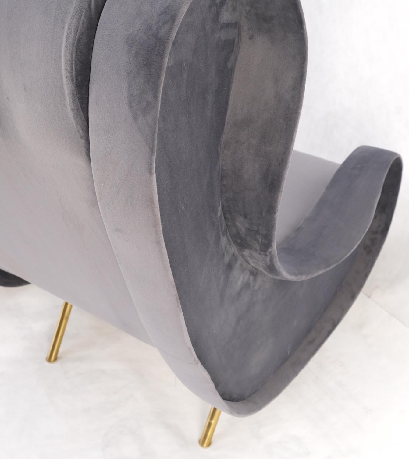 Pair Italian Mid-Century Modern Brass Legs Grey Arm Lounge Chairs For Sale 7