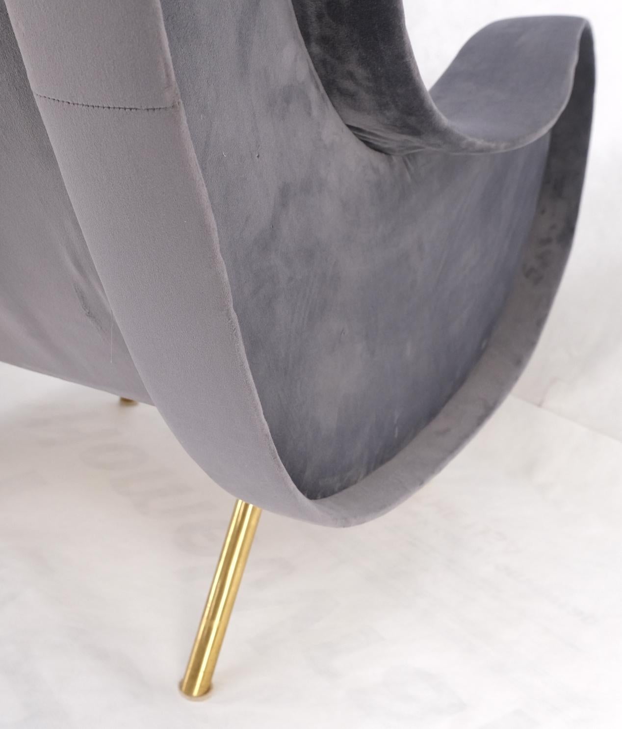 Pair Italian Mid-Century Modern Brass Legs Grey Arm Lounge Chairs For Sale 8