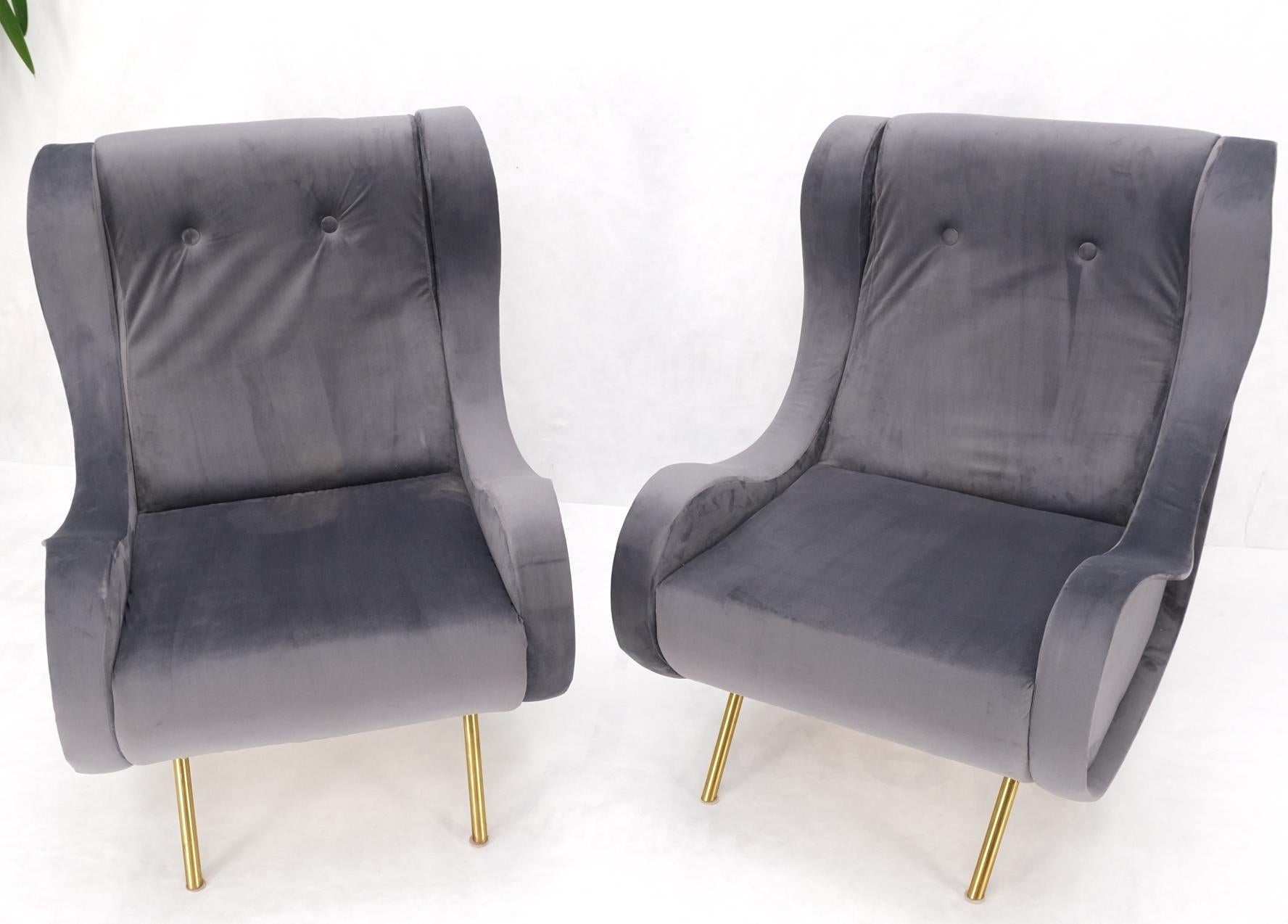 Pair Italian Mid-Century Modern Brass Legs Grey Arm Lounge Chairs For Sale 9