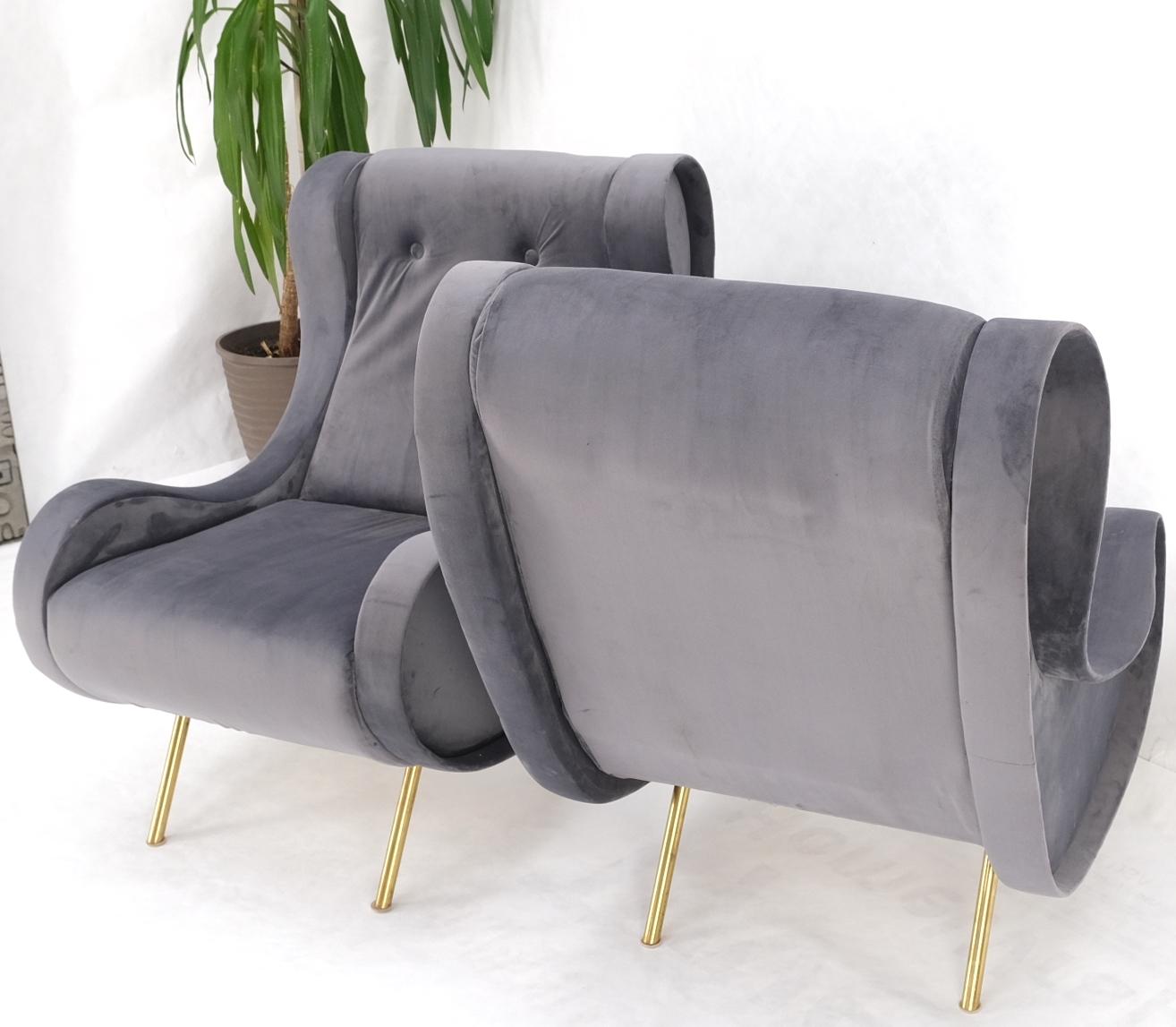 Pair Italian Mid-Century Modern Brass Legs Grey Arm Lounge Chairs For Sale 12