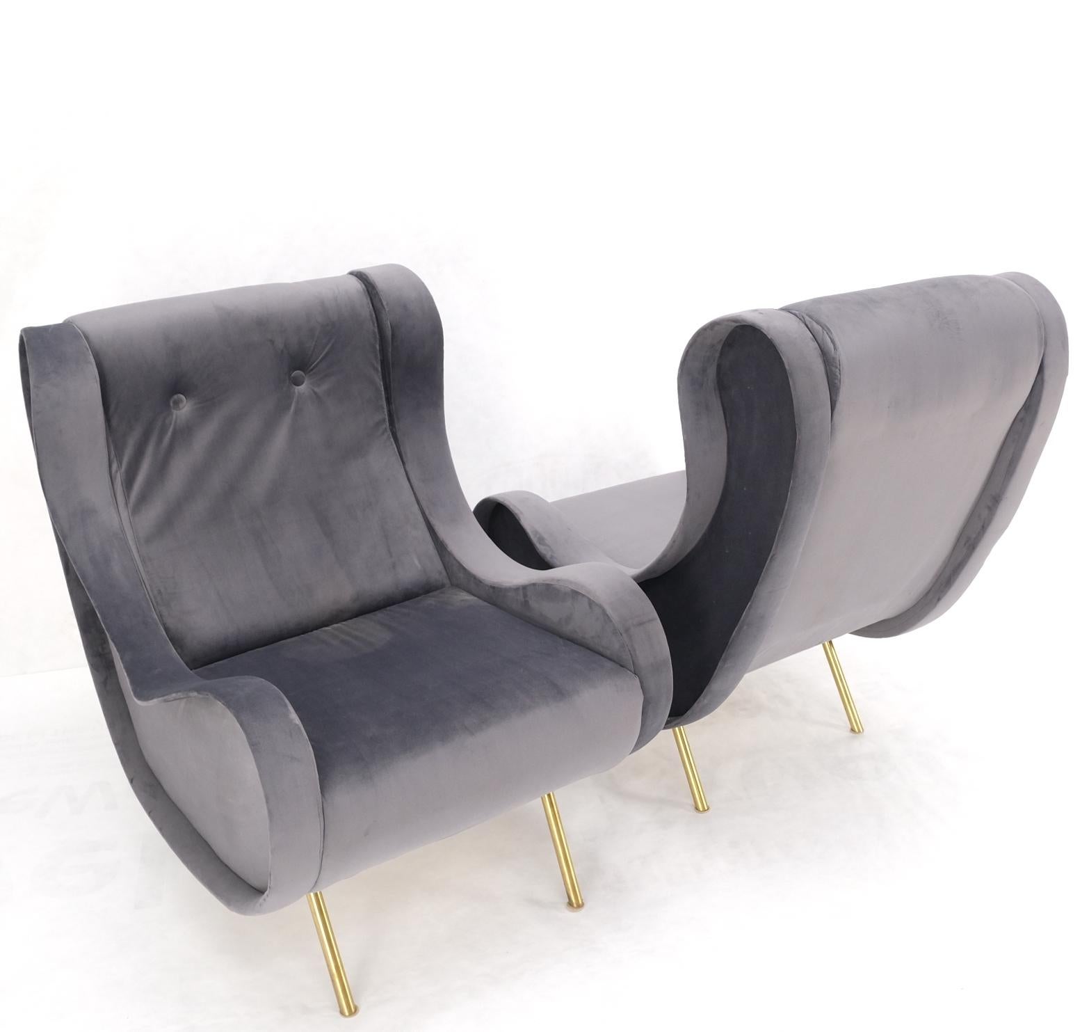 Pair Italian Mid-Century Modern Brass Legs Grey Arm Lounge Chairs For Sale 1