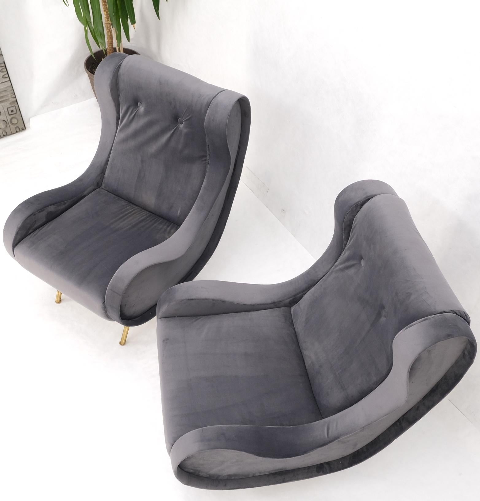 Pair Italian Mid-Century Modern Brass Legs Grey Arm Lounge Chairs For Sale 4