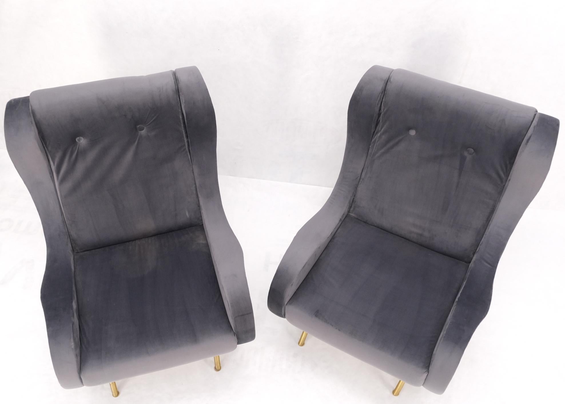 Pair Italian Mid-Century Modern Brass Legs Grey Arm Lounge Chairs For Sale 5