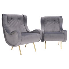 Pair Italian Mid-Century Modern Brass Legs Grey Arm Lounge Chairs Zanuso Buffa