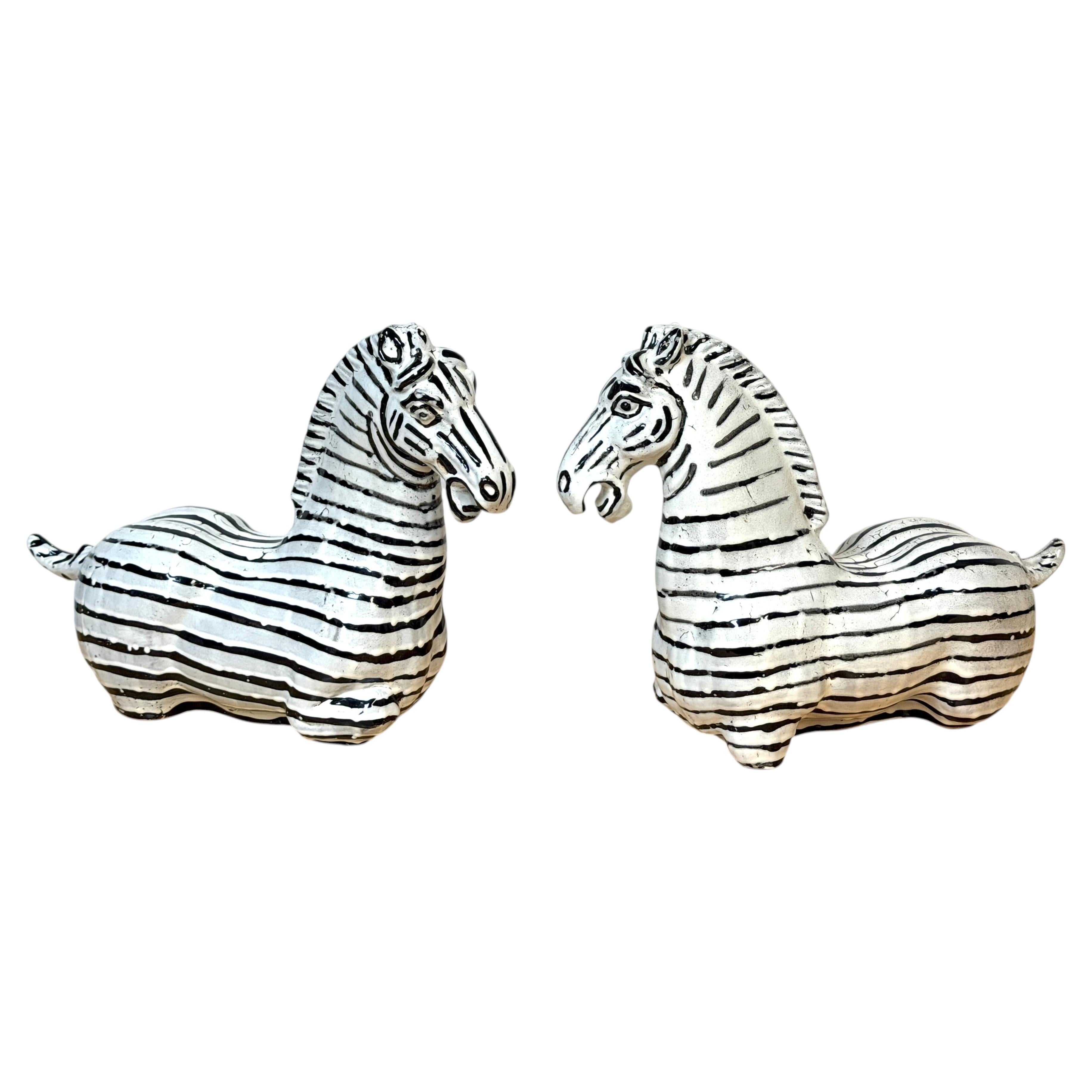 Pair Italian Mid-Century Modern Glazed Pottery Zebra Style of Raymor For Sale