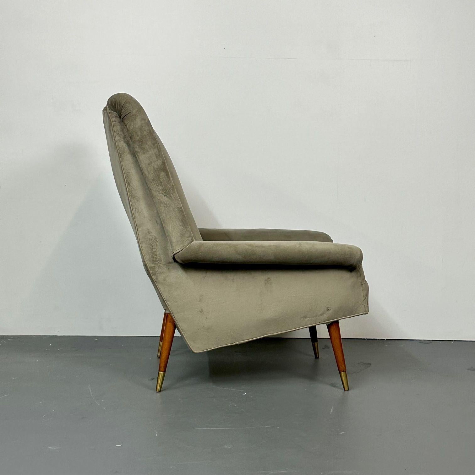 Gio Ponti Style, Mid-Century Modern, Wingback Chairs, Grey Velvet, Wood, 1950s 1