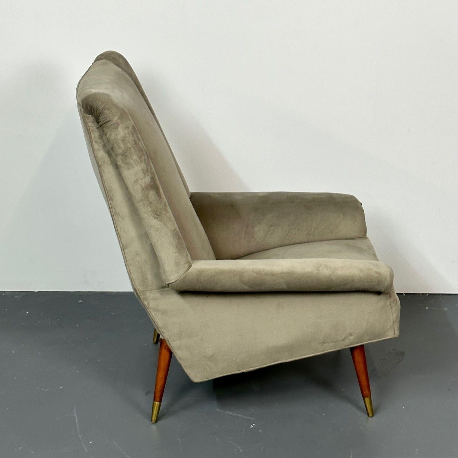 Gio Ponti Style, Mid-Century Modern, Wingback Chairs, Grey Velvet, Wood, 1950s For Sale 2