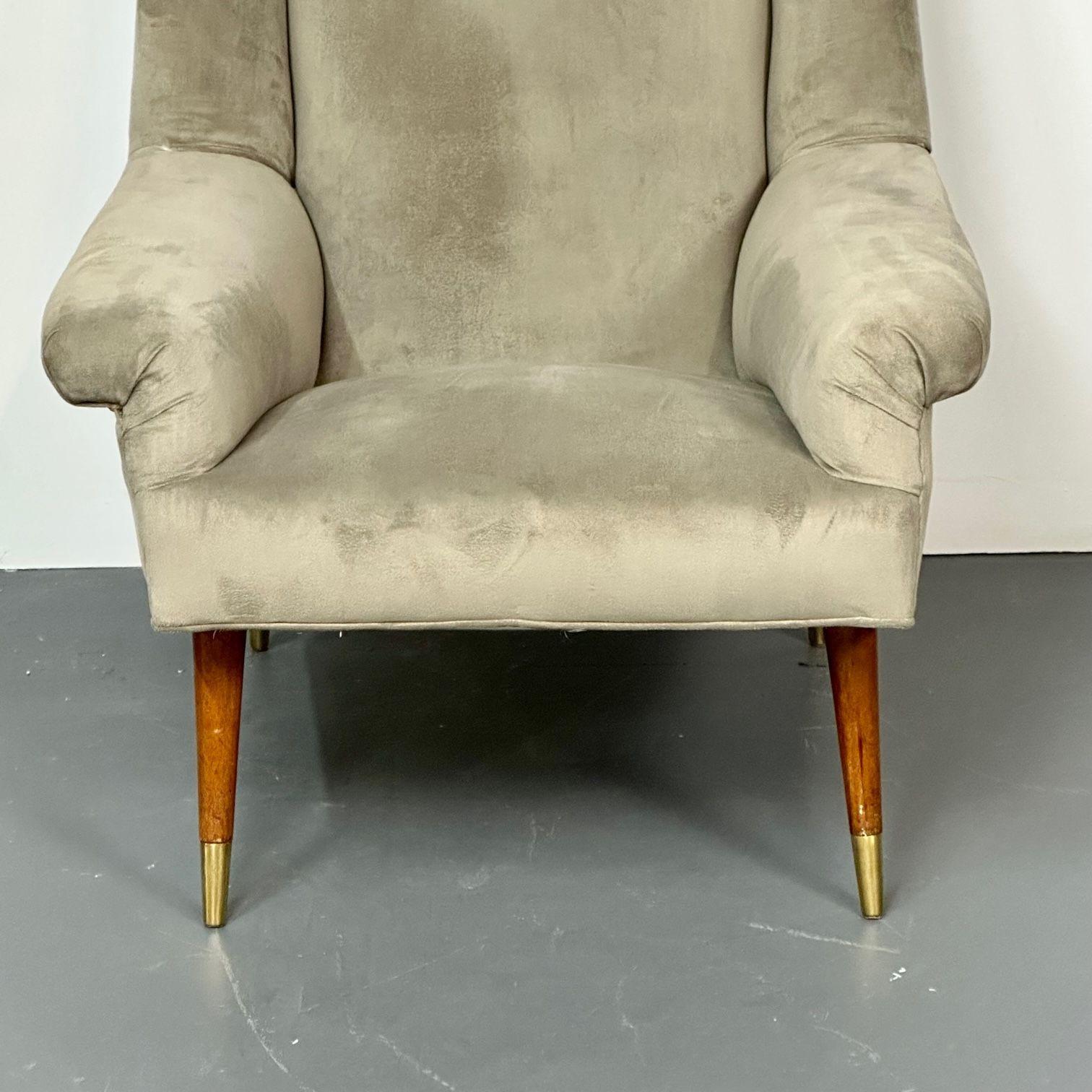 Gio Ponti Style, Mid-Century Modern, Wingback Chairs, Grey Velvet, Wood, 1950s For Sale 3