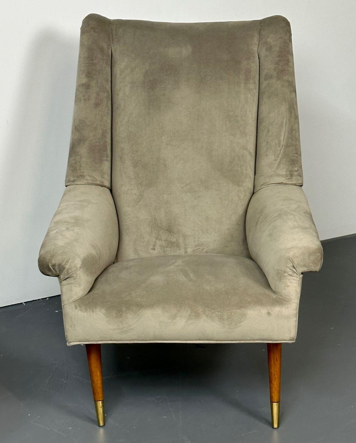 Gio Ponti Style, Mid-Century Modern, Wingback Chairs, Grey Velvet, Wood, 1950s For Sale 5