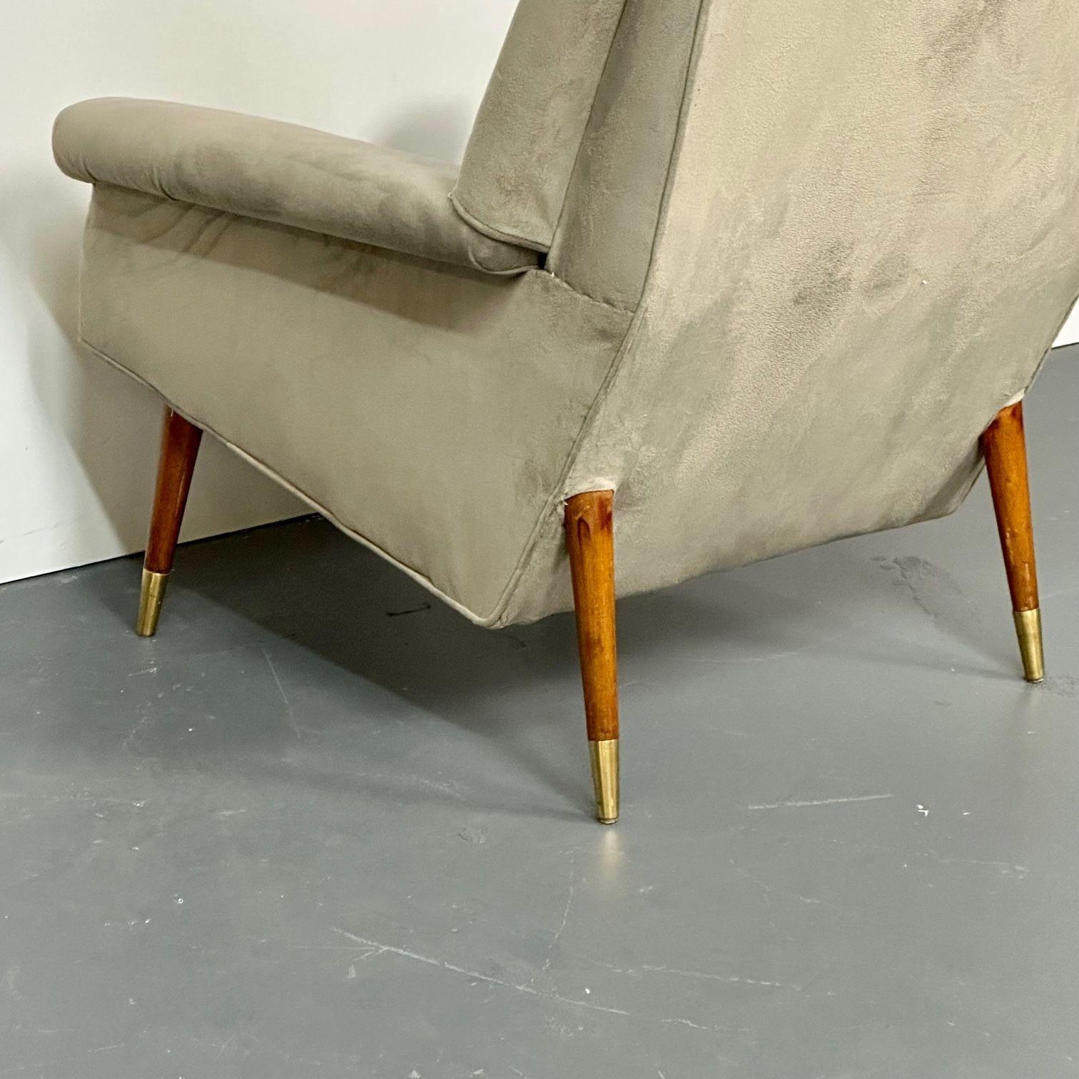 Gio Ponti Style, Mid-Century Modern, Wingback Chairs, Grey Velvet, Wood, 1950s For Sale 6