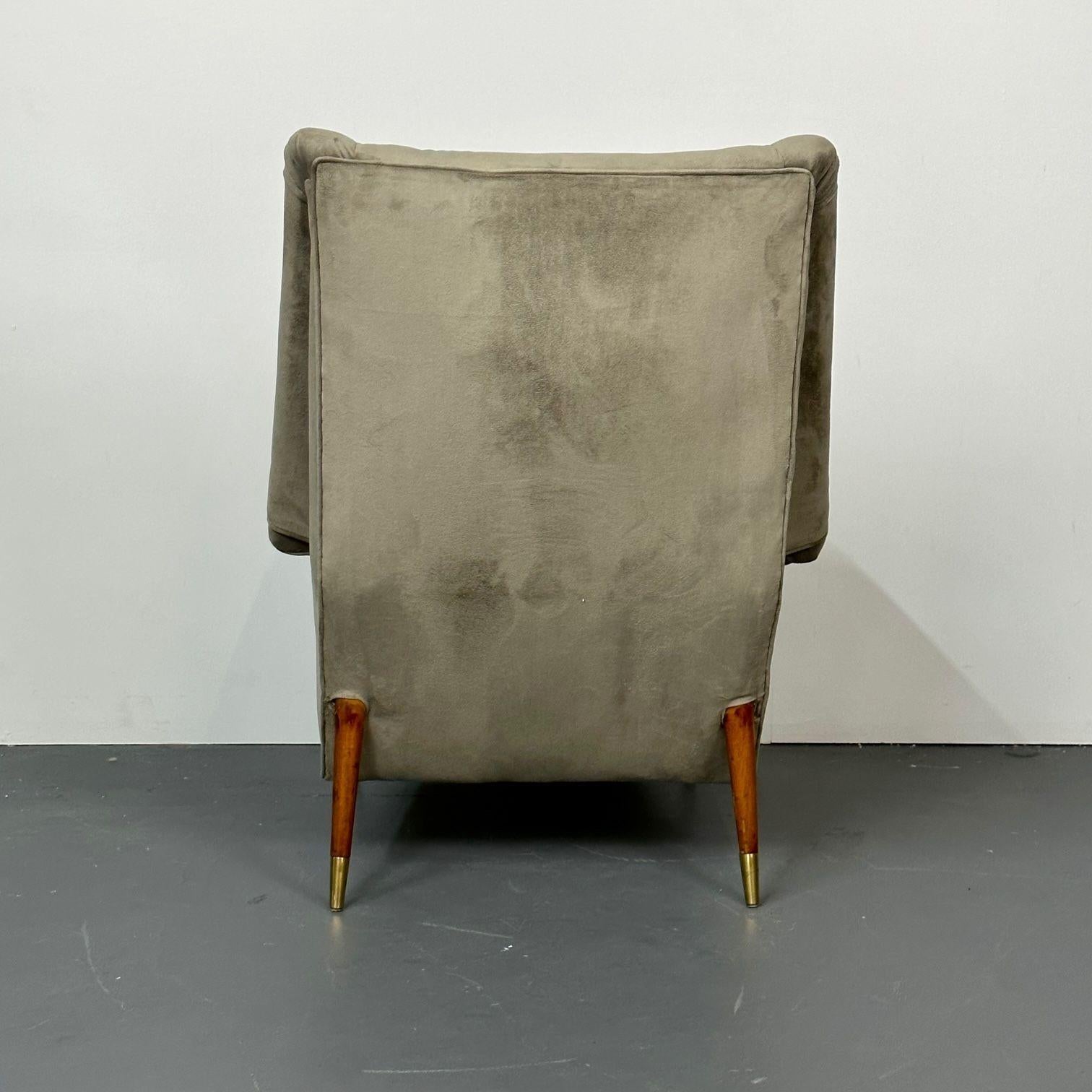 Gio Ponti Style, Mid-Century Modern, Wingback Chairs, Grey Velvet, Wood, 1950s 8