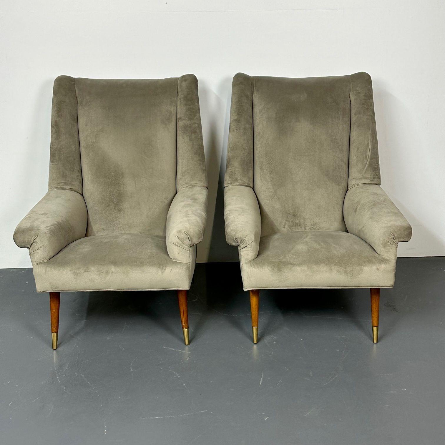 Italian Gio Ponti Style, Mid-Century Modern, Wingback Chairs, Grey Velvet, Wood, 1950s For Sale