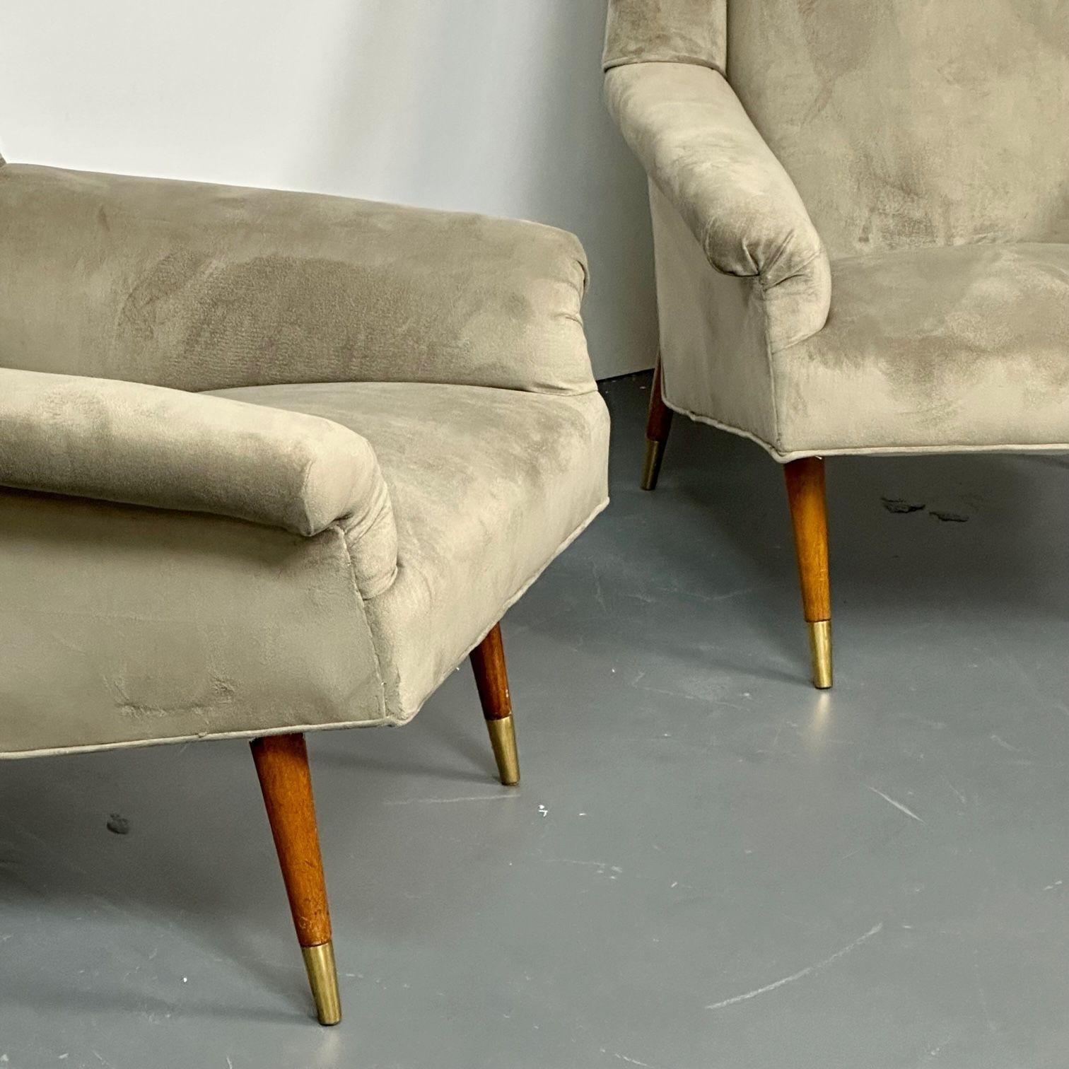 Mid-20th Century Gio Ponti Style, Mid-Century Modern, Wingback Chairs, Grey Velvet, Wood, 1950s