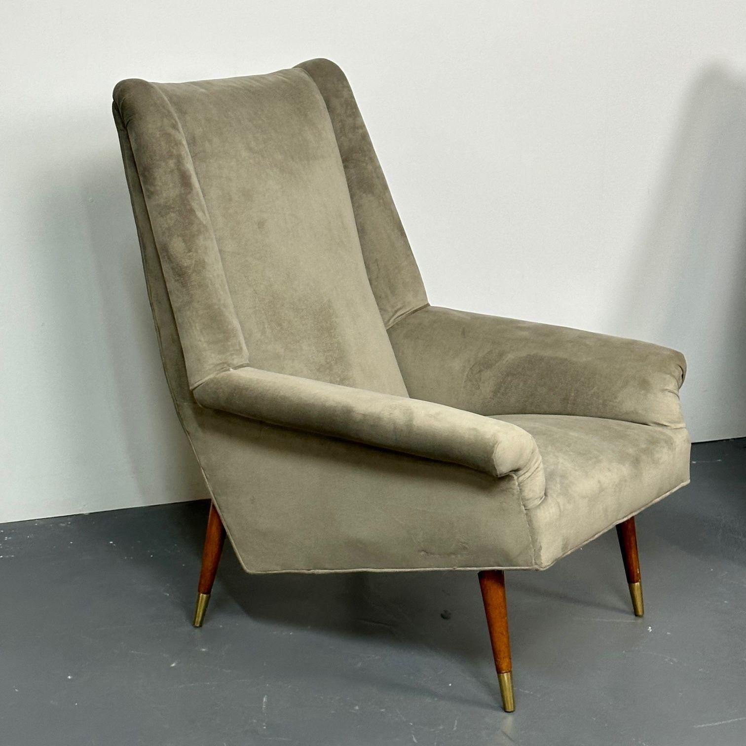 Fabric Gio Ponti Style, Mid-Century Modern, Wingback Chairs, Grey Velvet, Wood, 1950s For Sale
