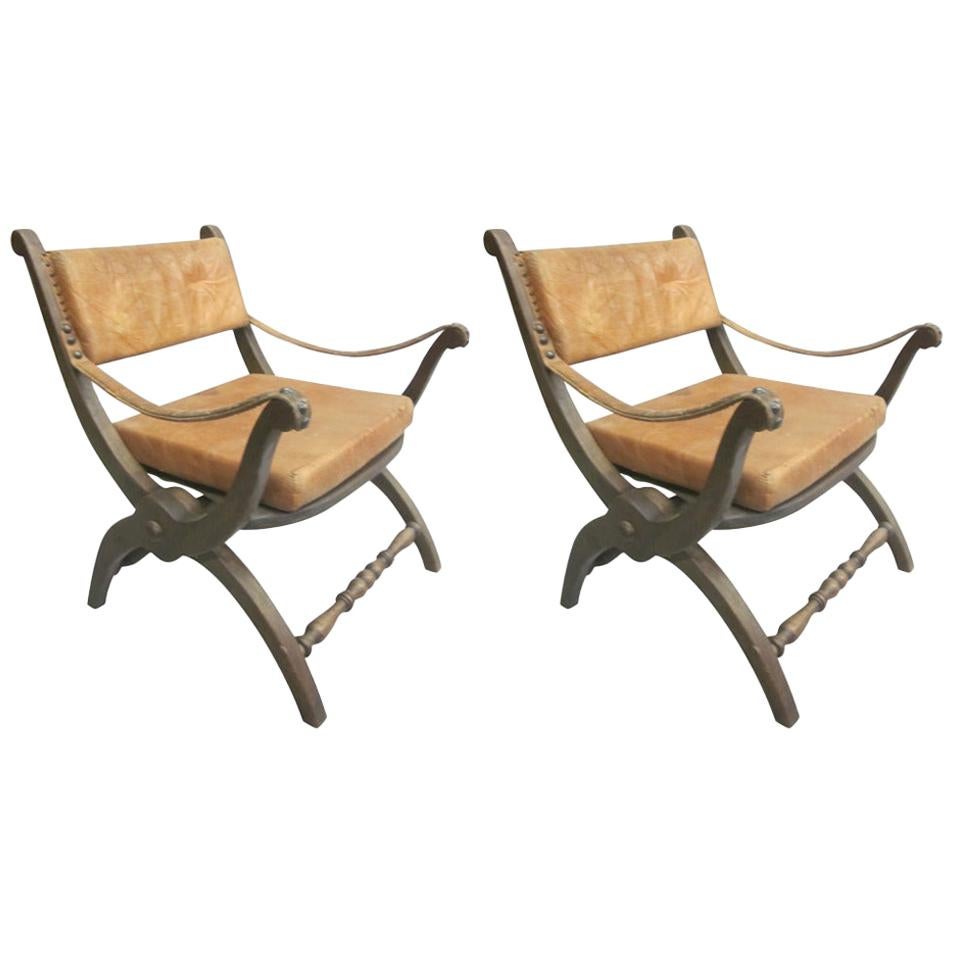 Pair of Italian Mid-Century Modern Neoclassical Leather Armchairs/ Lounge Chairs