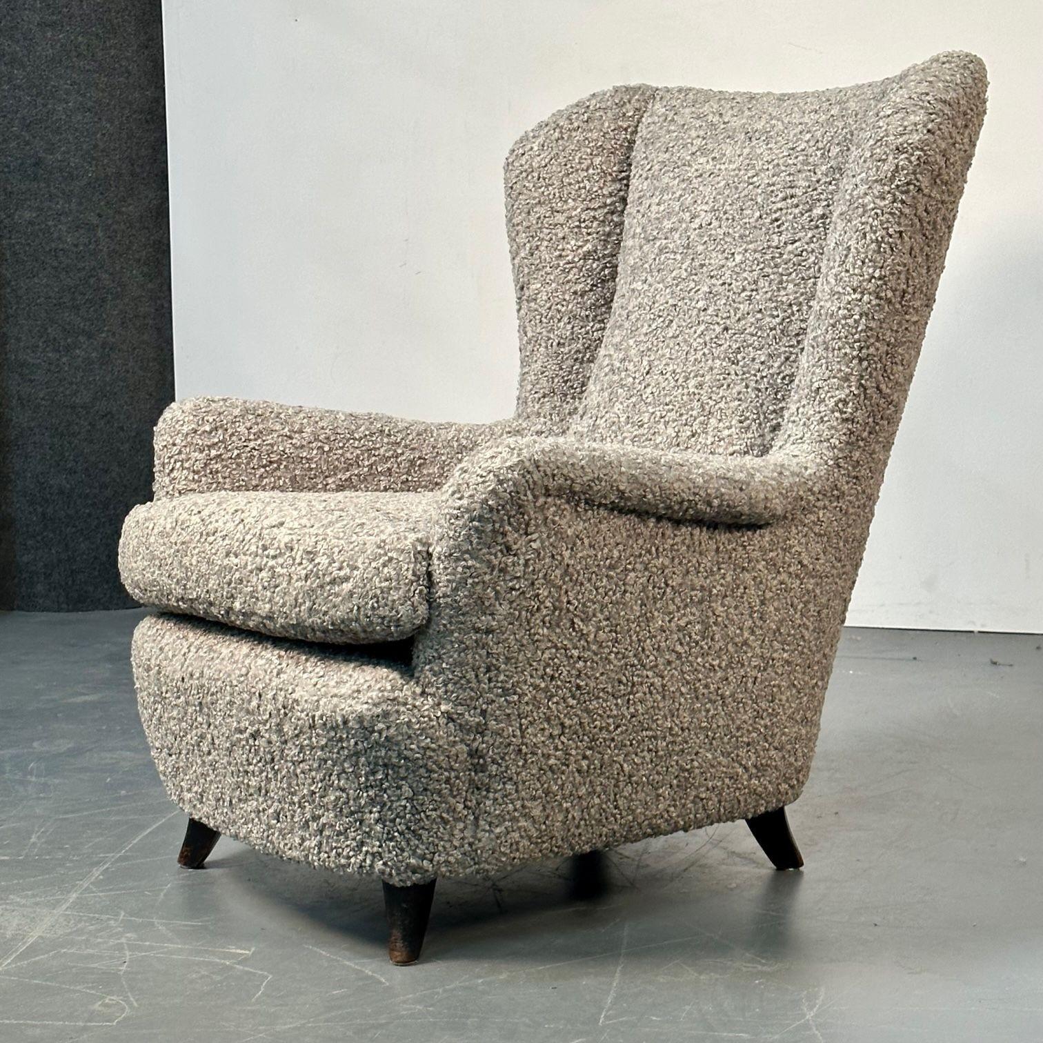 Pair Italian Mid-Century Modern Wingback Lounge Chairs, Zanuso Style Grey Boucle For Sale 9