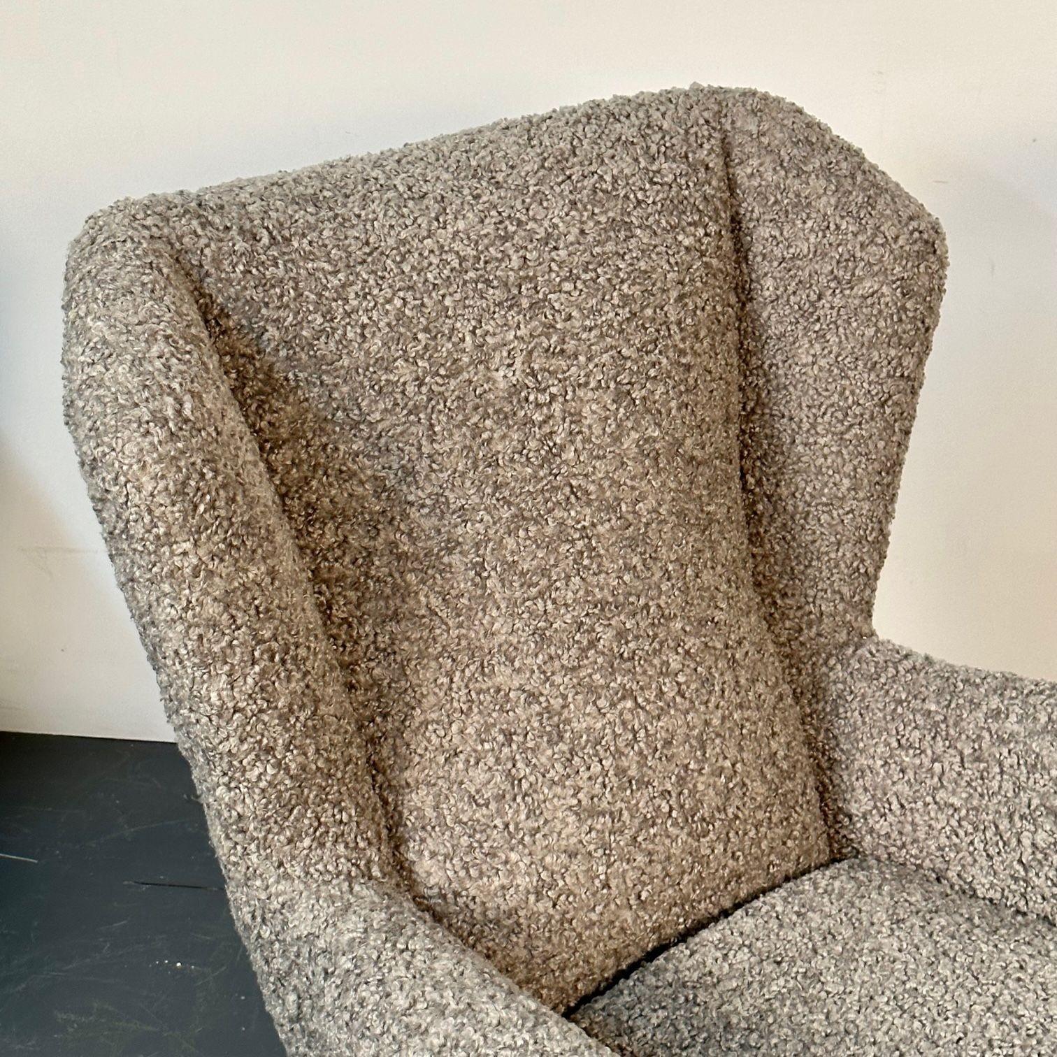 Pair Italian Mid-Century Modern Wingback Lounge Chairs, Zanuso Style Grey Boucle For Sale 12