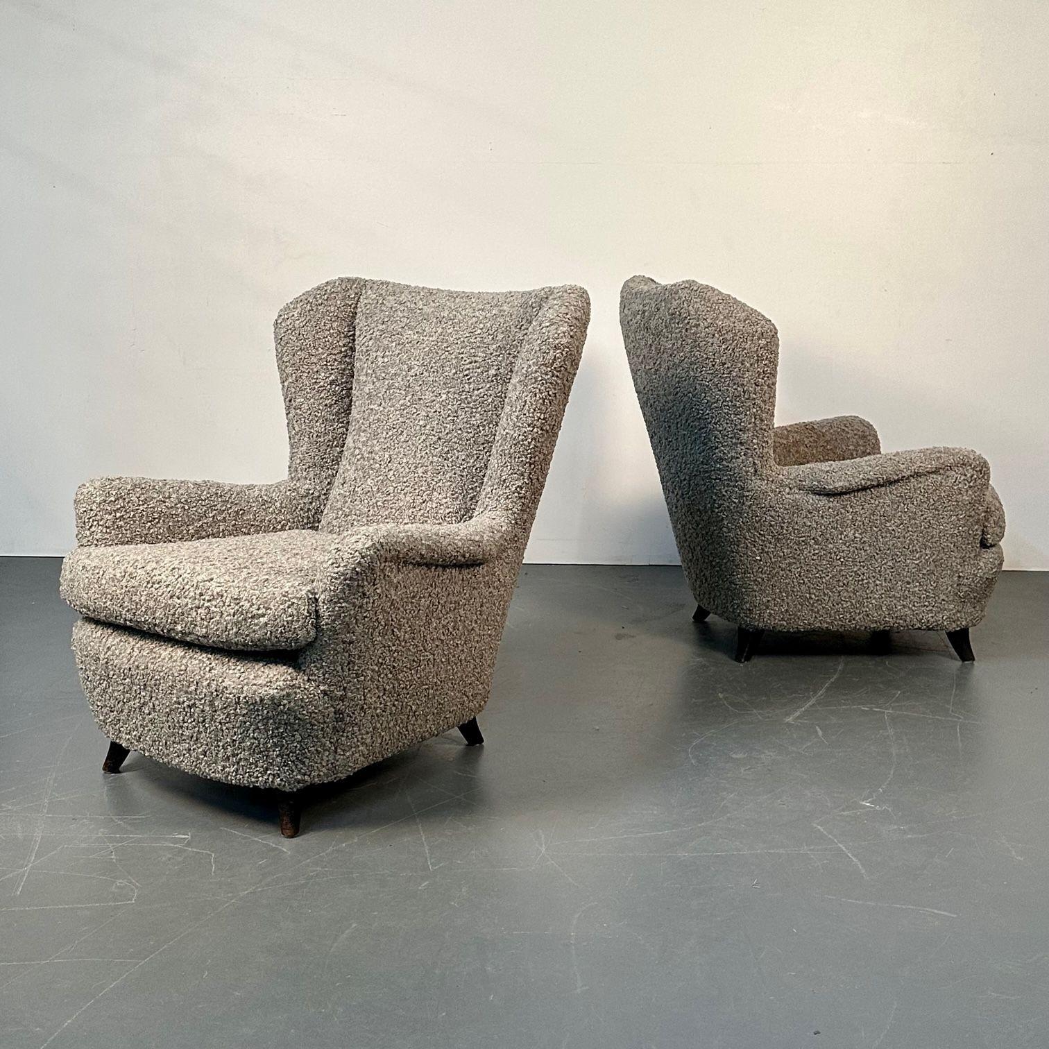 Pair Italian Mid-Century Modern wingback lounge chairs, Zanuso style grey bouclé

Similar in style to Guglielmo Ulrich and Marco Zanuso. Organic form midcentury wingback lounge chairs designed and produced in Italy circa 1950s. Newly upholstered