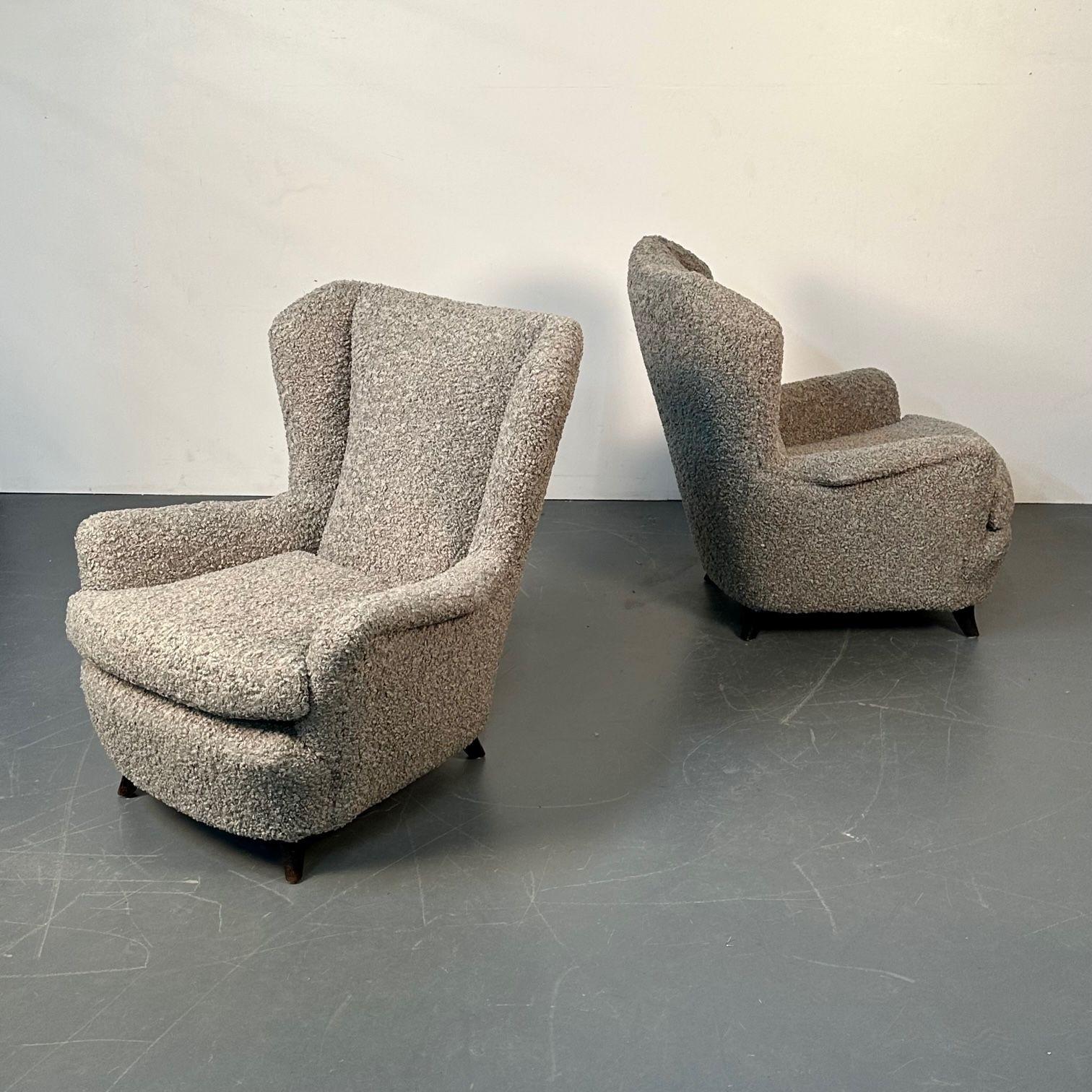 Pair Italian Mid-Century Modern Wingback Lounge Chairs, Zanuso Style Grey Boucle In Good Condition For Sale In Stamford, CT