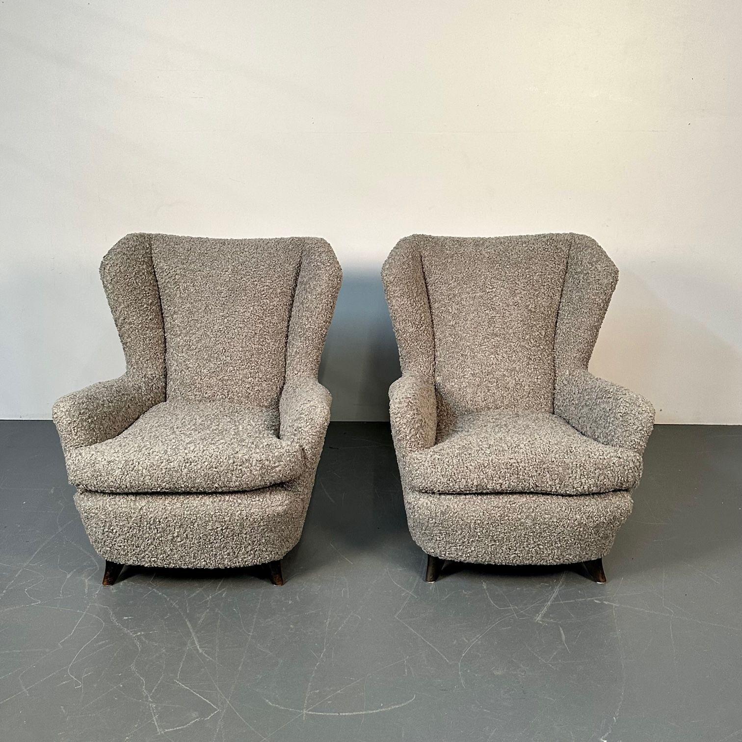 Mid-20th Century Pair Italian Mid-Century Modern Wingback Lounge Chairs, Zanuso Style Grey Boucle For Sale