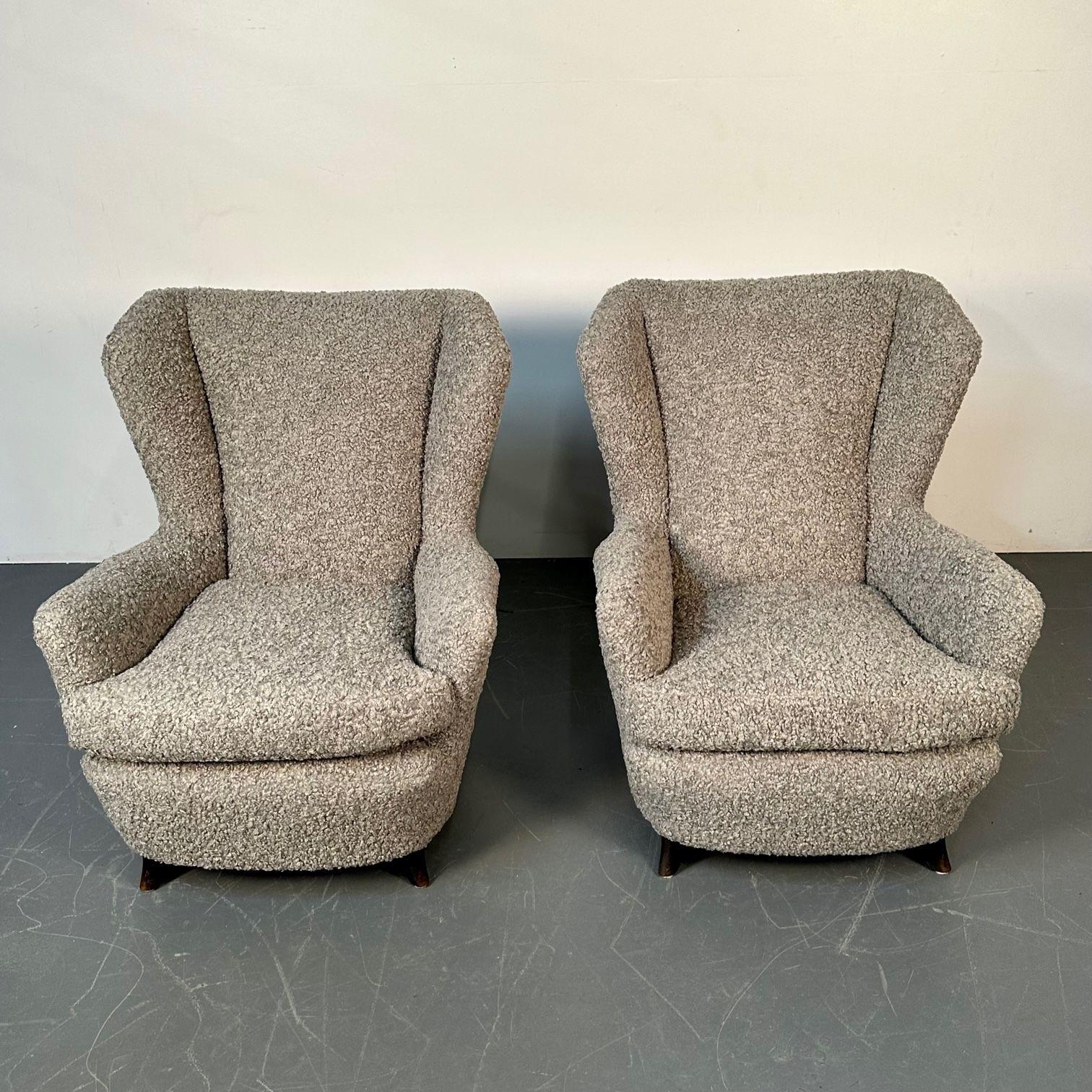Bouclé Pair Italian Mid-Century Modern Wingback Lounge Chairs, Zanuso Style Grey Boucle For Sale