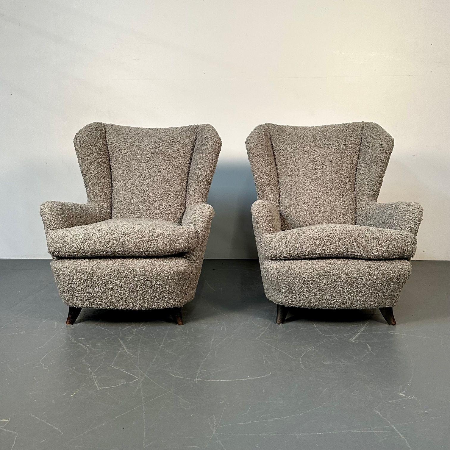 Pair Italian Mid-Century Modern Wingback Lounge Chairs, Zanuso Style Grey Boucle For Sale 1