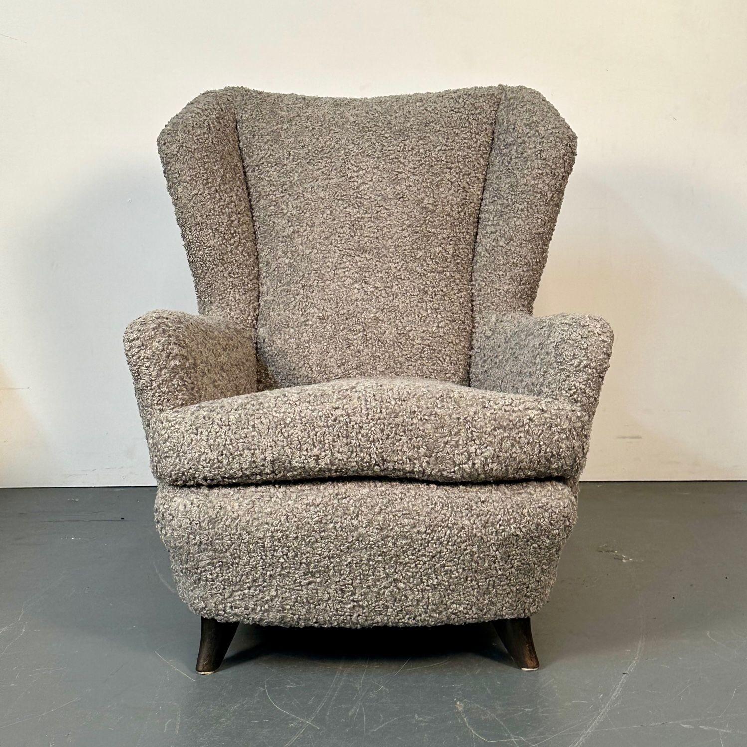 Pair Italian Mid-Century Modern Wingback Lounge Chairs, Zanuso Style Grey Boucle For Sale 2
