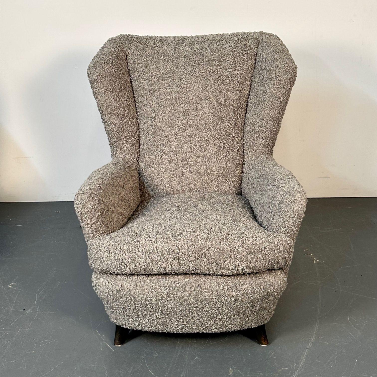 Pair Italian Mid-Century Modern Wingback Lounge Chairs, Zanuso Style Grey Boucle For Sale 3