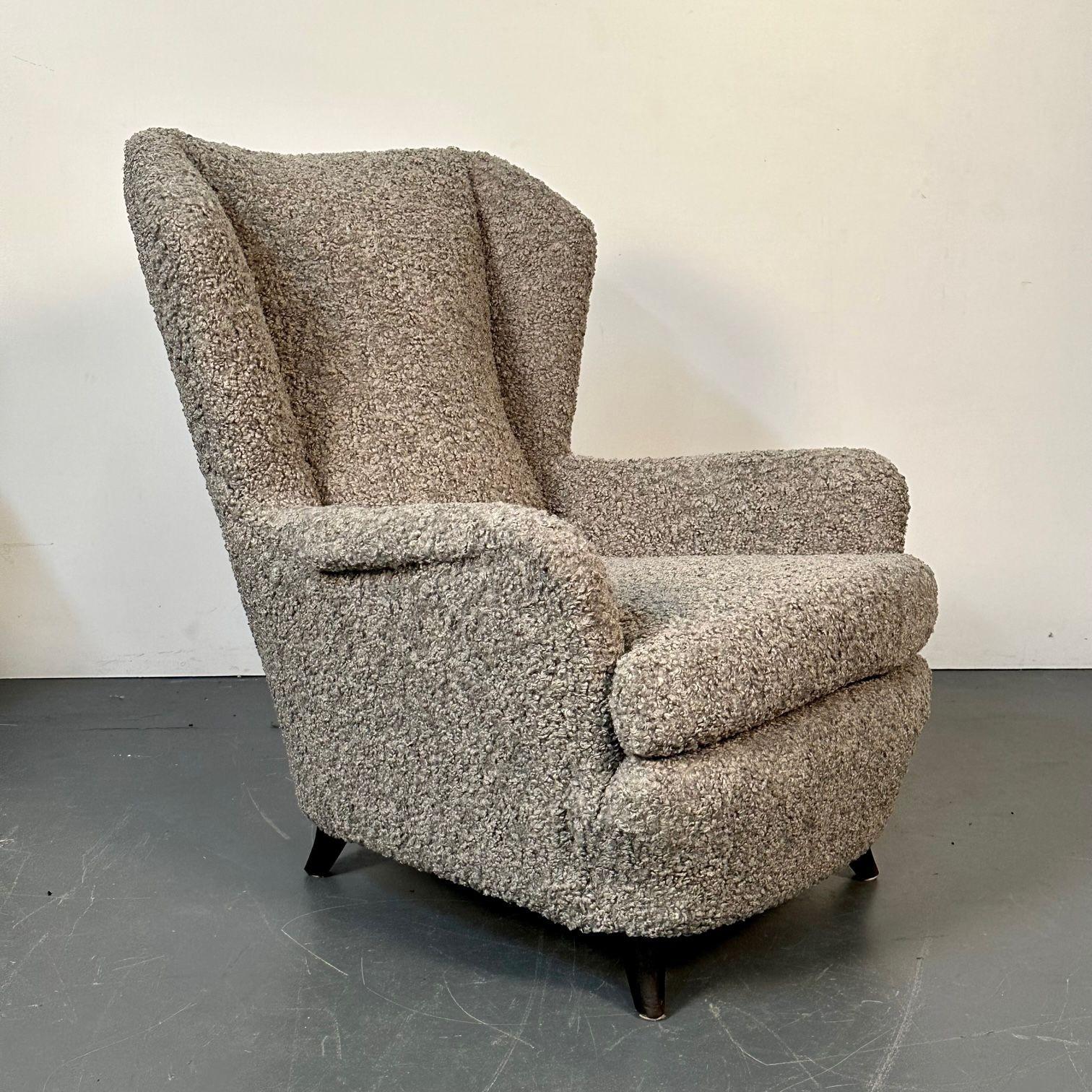 Pair Italian Mid-Century Modern Wingback Lounge Chairs, Zanuso Style Grey Boucle For Sale 4