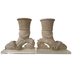Pair of Italian Midcentury Rams Head Vases on Lucite Bases