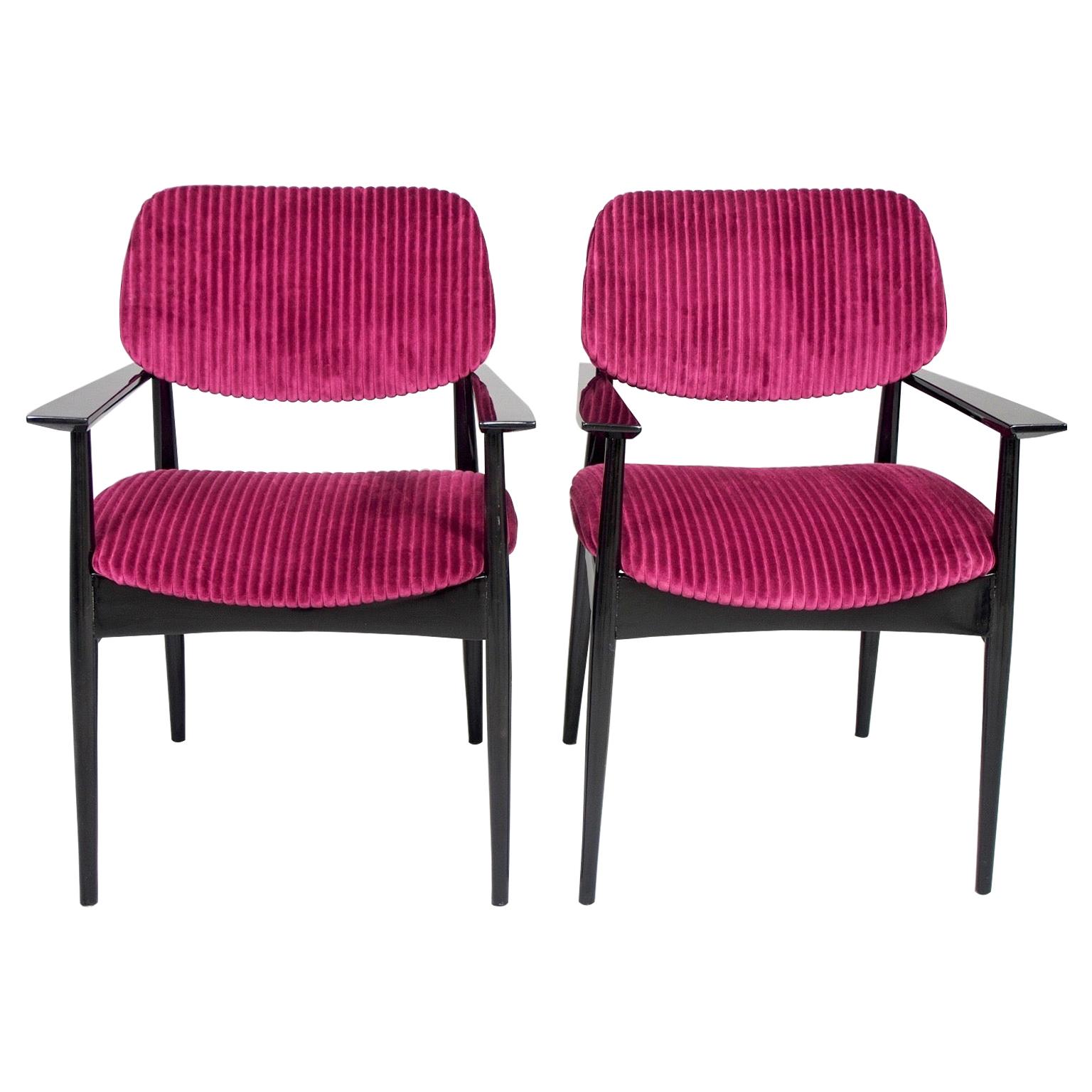 Pair of Italian Midcentury Side Chairs with New Ribbed Velvet Upholstery