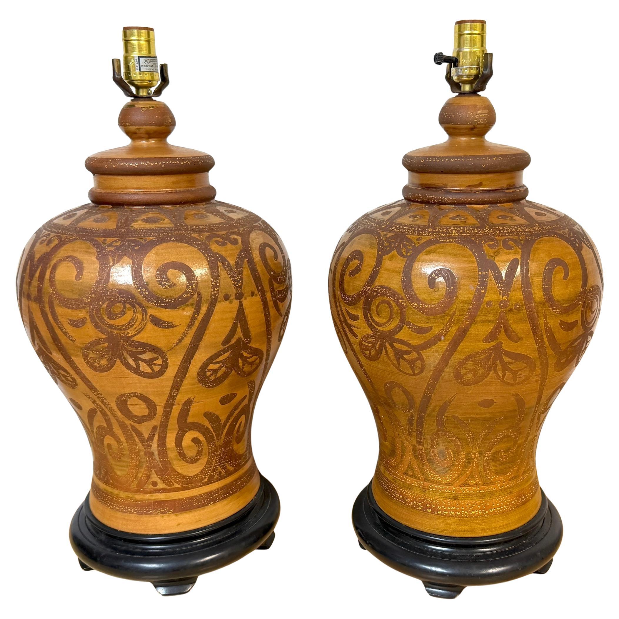 Pair Italian Mid-Century Slip-Decorated Sgraffito Pottery Lamps , C. 1960s For Sale