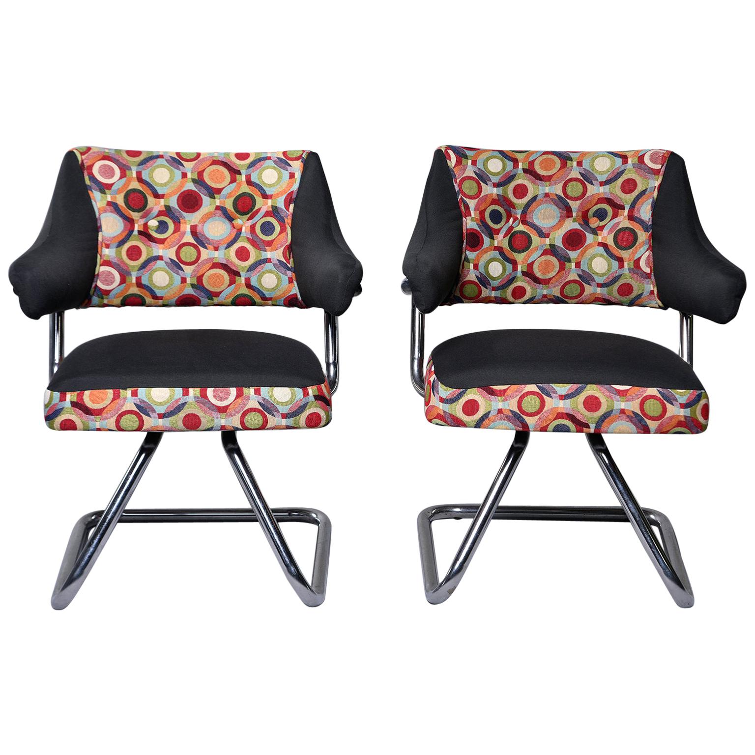 Pair Italian Midcentury Swivel Chairs With Chrome Base and Missoni Style Fabric For Sale